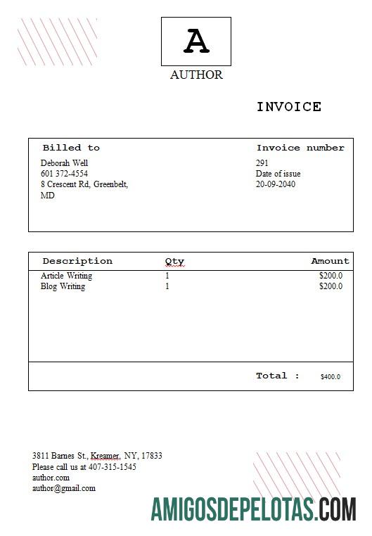 em branco Modelo de fatura de autor grátis